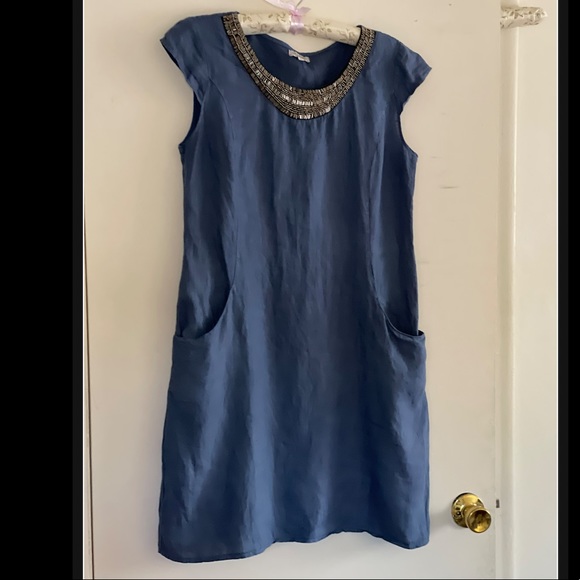 Lina Tomei Dresses & Skirts - Linen shift dress with beaded neckline
